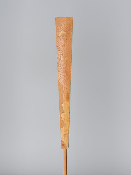 Carved fan with plum-blossom painting, Bamboo frame carving by Jin Xiya (Chinese, 1890–1979), Folding fan; ink and color on paper with carved bamboo frame, China