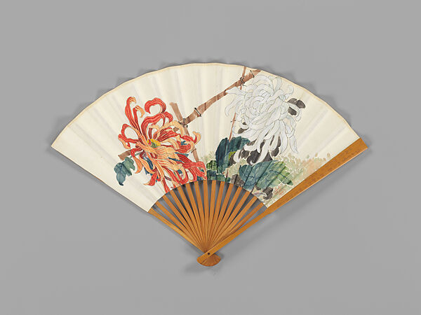 Carved fan, chrysanthemum and bird, Jin Xiya (Chinese, 1890–1979), Folding fan; ink and color on paper with carved bamboo frame, China