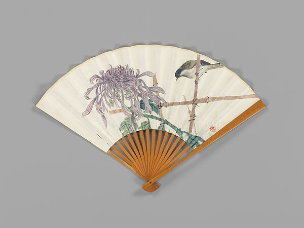 Carved fan, chrysanthemum and bird, Jin Xiya (Chinese, 1890–1979), Folding fan; ink and color on paper with carved bamboo frame, China 