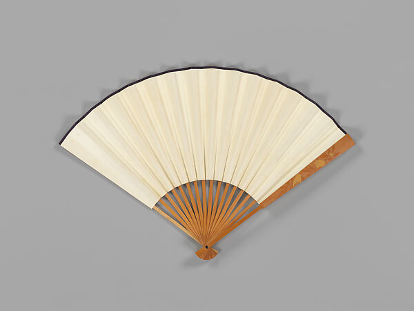 Folding fan with bamboo frame carved with tree peonies and fingered citrons, Jin Xiya (Chinese, 1890–1979), Folding fan with plain paper; carved bamboo frame, China