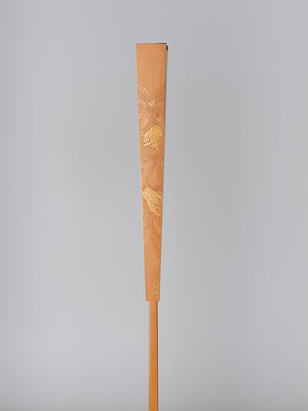 Folding fan with bamboo frame carved with tree peonies and fingered citrons, Jin Xiya (Chinese, 1890–1979), Folding fan with plain paper; carved bamboo frame, China