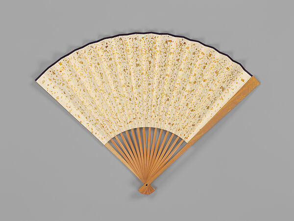 Folding fan with bamboo frame carved with bamboo shoot, squirrel and pine tree, Jin Xiya (Chinese, 1890–1979), Folding fan with plain gold-flecked paper; carved bamboo frame, China 