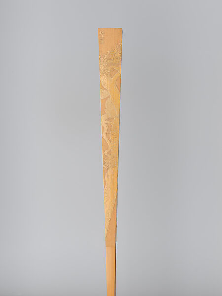 Folding fan with bamboo frame carved with bamboo shoot, squirrel and pine tree, Jin Xiya (Chinese, 1890–1979), Folding fan with plain gold-flecked paper; carved bamboo frame, China