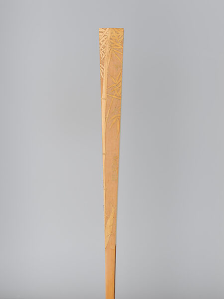 Folding fan with bamboo frame carved with bamboo shoot, squirrel and pine tree, Jin Xiya (Chinese, 1890–1979), Folding fan with plain gold-flecked paper; carved bamboo frame, China
