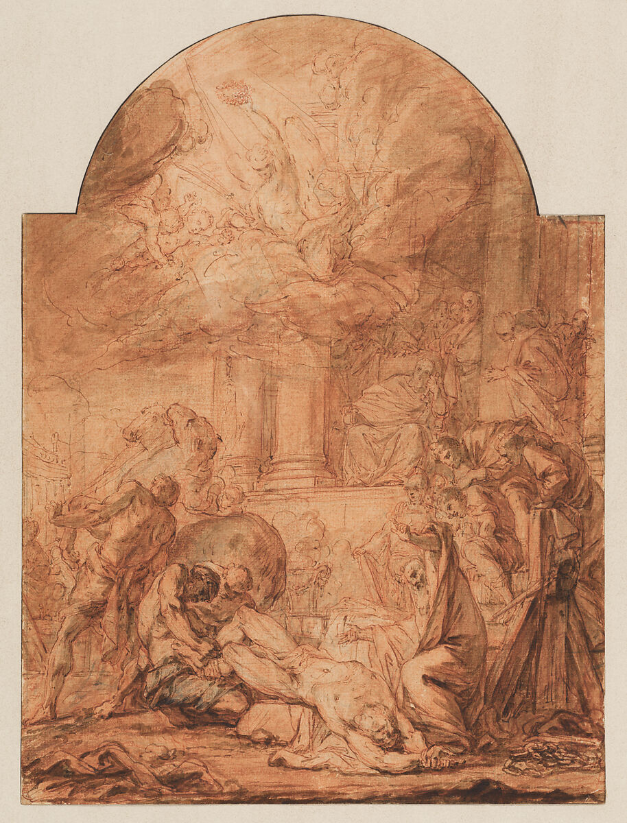 The Martyrdom of Saint Hippolytus, Simon Julien (French, Toulon 1735–1800 Paris), Pen and brown ink, brush and brown and gray wash, over red chalk 