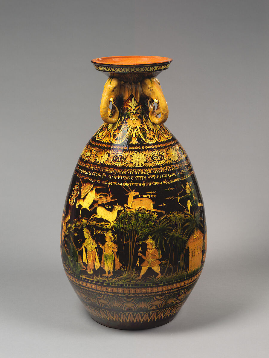Exhibition Vase with Scenes from the Ramayana, Earthenware with colored slips under a clear glaze., India, Bombay School