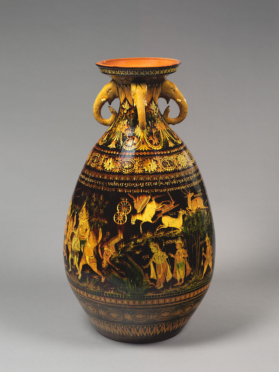 Exhibition Vase with Scenes from the Ramayana, Earthenware with colored slips under a clear glaze., India, Bombay School