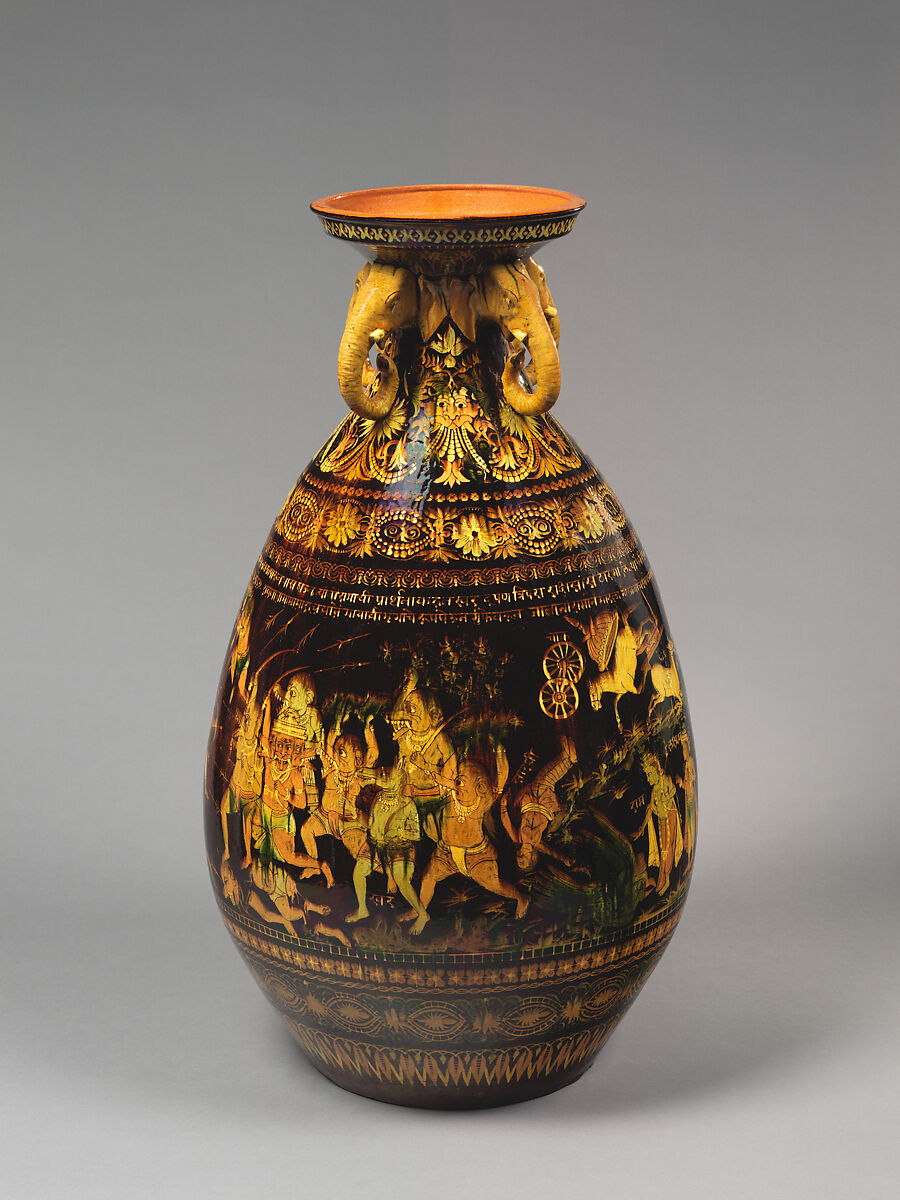 Exhibition Vase with Scenes from the Ramayana, Earthenware with colored slips under a clear glaze., India, Bombay School