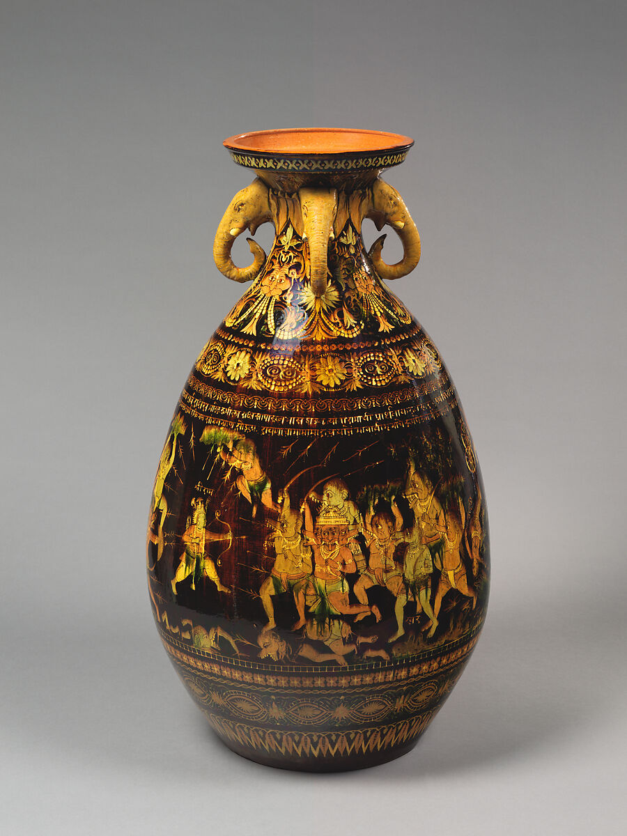 Exhibition Vase with Scenes from the Ramayana, Earthenware with colored slips under a clear glaze., India, Bombay School