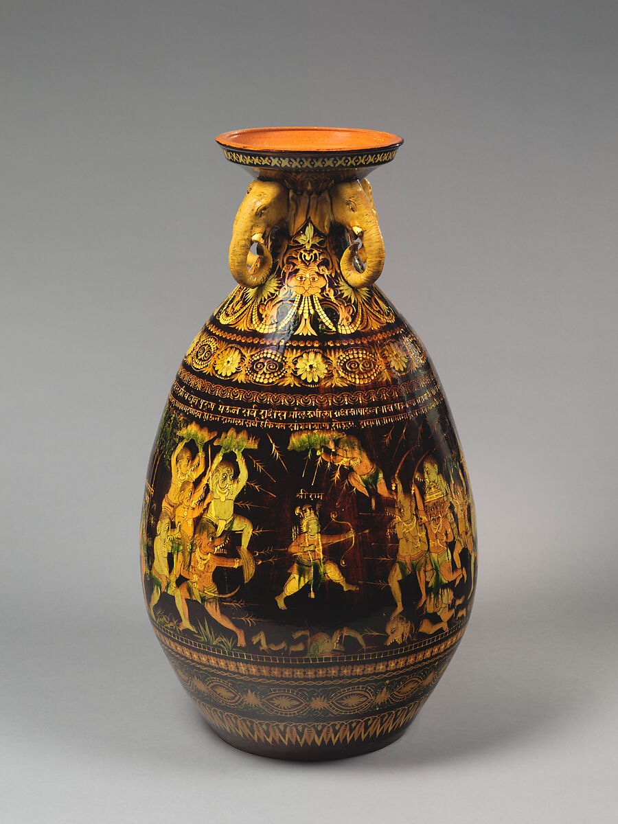 Exhibition Vase with Scenes from the Ramayana, Earthenware with colored slips under a clear glaze., India, Bombay School 