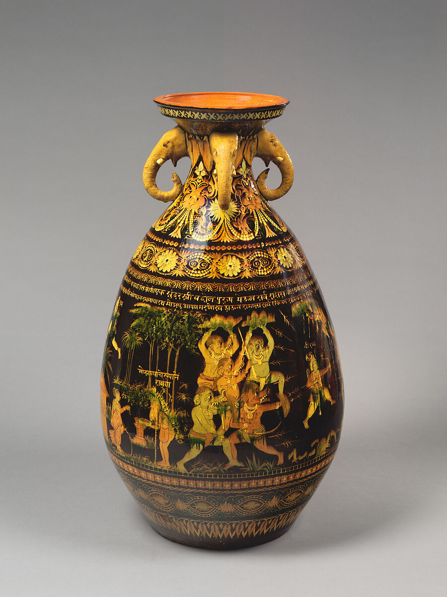 Exhibition Vase with Scenes from the Ramayana, Earthenware with colored slips under a clear glaze., India, Bombay School
