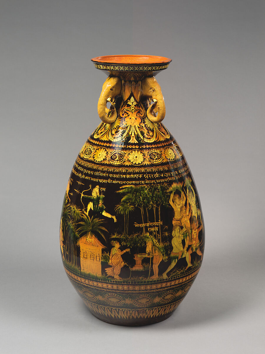Exhibition Vase with Scenes from the Ramayana, Earthenware with colored slips under a clear glaze., India, Bombay School