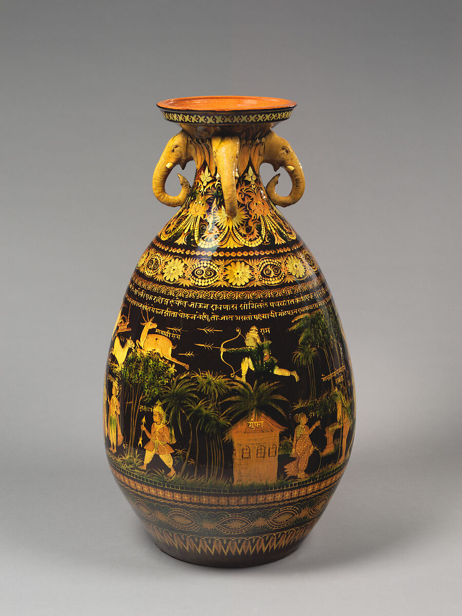 Exhibition Vase with Scenes from the Ramayana, Earthenware with colored slips under a clear glaze., India, Bombay School