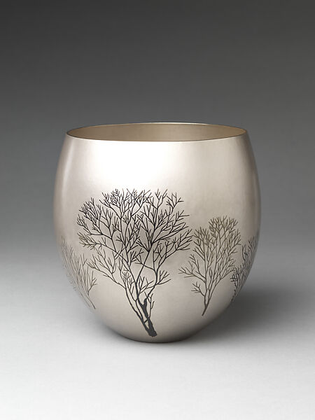 Winter Grove (Fuyu no kodachi) Flower Container, Okuyama Hōseki 奥山峰石 (Japanese, born 1937), Hammered silver with inlaid copper and gold alloy (shakudō), copper and silver alloy (shibuichi), Japan