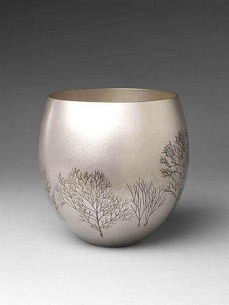 Winter Grove (Fuyu no kodachi) Flower Container, Okuyama Hōseki 奥山峰石 (Japanese, born 1937), Hammered silver with inlaid copper and gold alloy (shakudō), copper and silver alloy (shibuichi), Japan