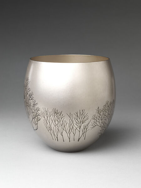 Winter Grove (Fuyu no kodachi) Flower Container, Okuyama Hōseki 奥山峰石 (Japanese, born 1937), Hammered silver with inlaid copper and gold alloy (shakudō), copper and silver alloy (shibuichi), Japan