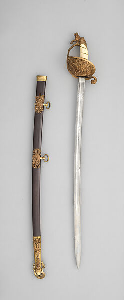 Naval Presentation Sword, Ames Manufacturing Company (American, Chicopee, Massachusetts, 1834–1935), Steel, copper alloy, gold, walrus tusk, wood, American