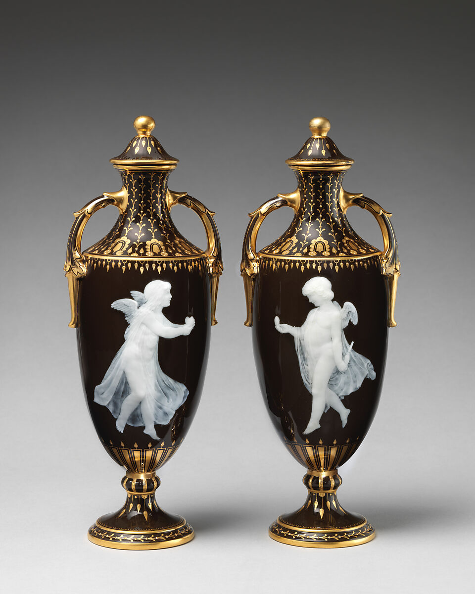 The Half and The Whole (pair of vases), Minton(s) (British, Stoke-on-Trent, 1793–present), Bone china with pâte-sur-pâte decoration and gilding, British, Stoke-on-Trent, Staffordshire 