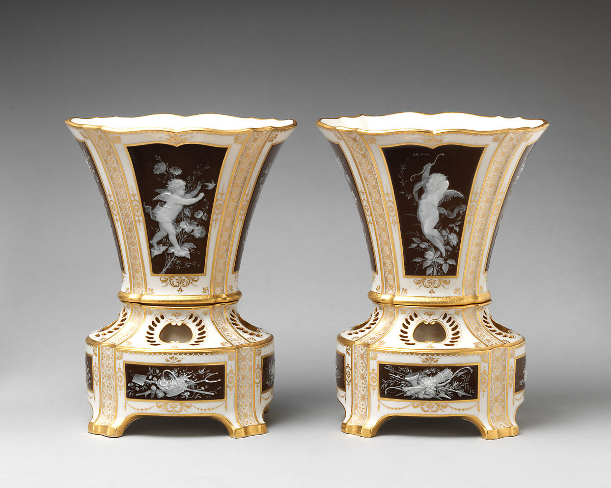 Pair of Bulb Vases, Minton(s) (British, Stoke-on-Trent, 1793–present), Pâte-sur-pâte on bone china with gilding, British, Stoke-on-Trent, Staffordshire 