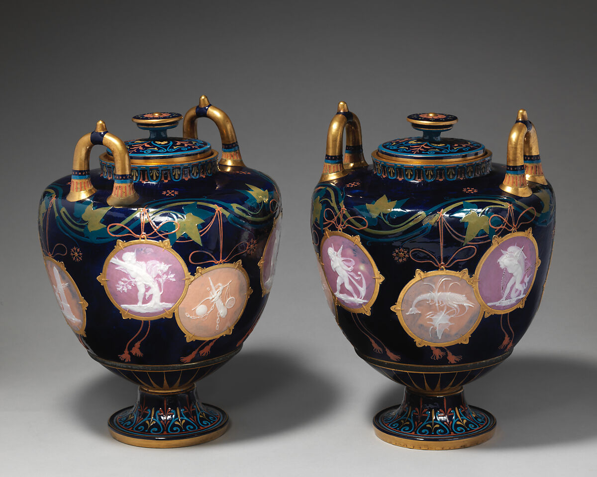 Pair of "Pompeian" vases with covers, Minton(s) (British, Stoke-on-Trent, 1793–present), Pâte-sur-pâte with gilding and enamel decoration, British, Stoke-on-Trent, Staffordshire 