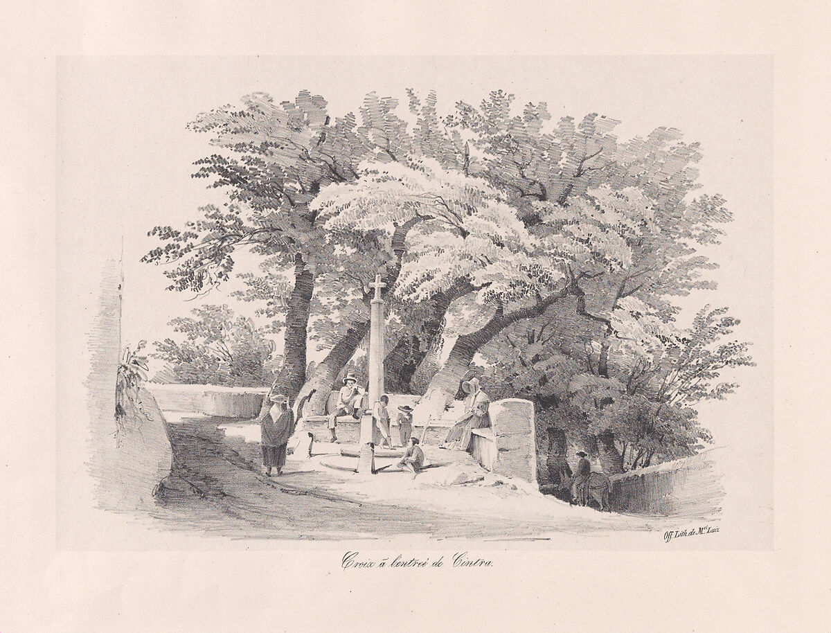 View of the cross on the road entering Cintra, Clementine de Brelaz (Portuguese, 1811–1892), Lithograph on chine collé on a larger support sheet 