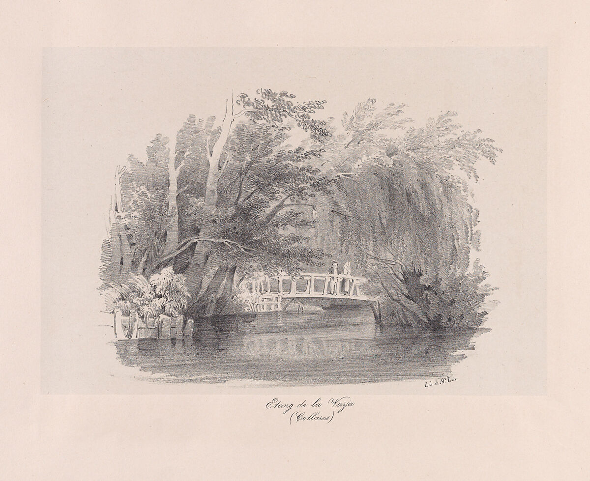 View of a bridge over the Colares river near Sintra, Clementine de Brelaz (Portuguese, 1811–1892), Lithograph on chine collé on a larger support sheet 