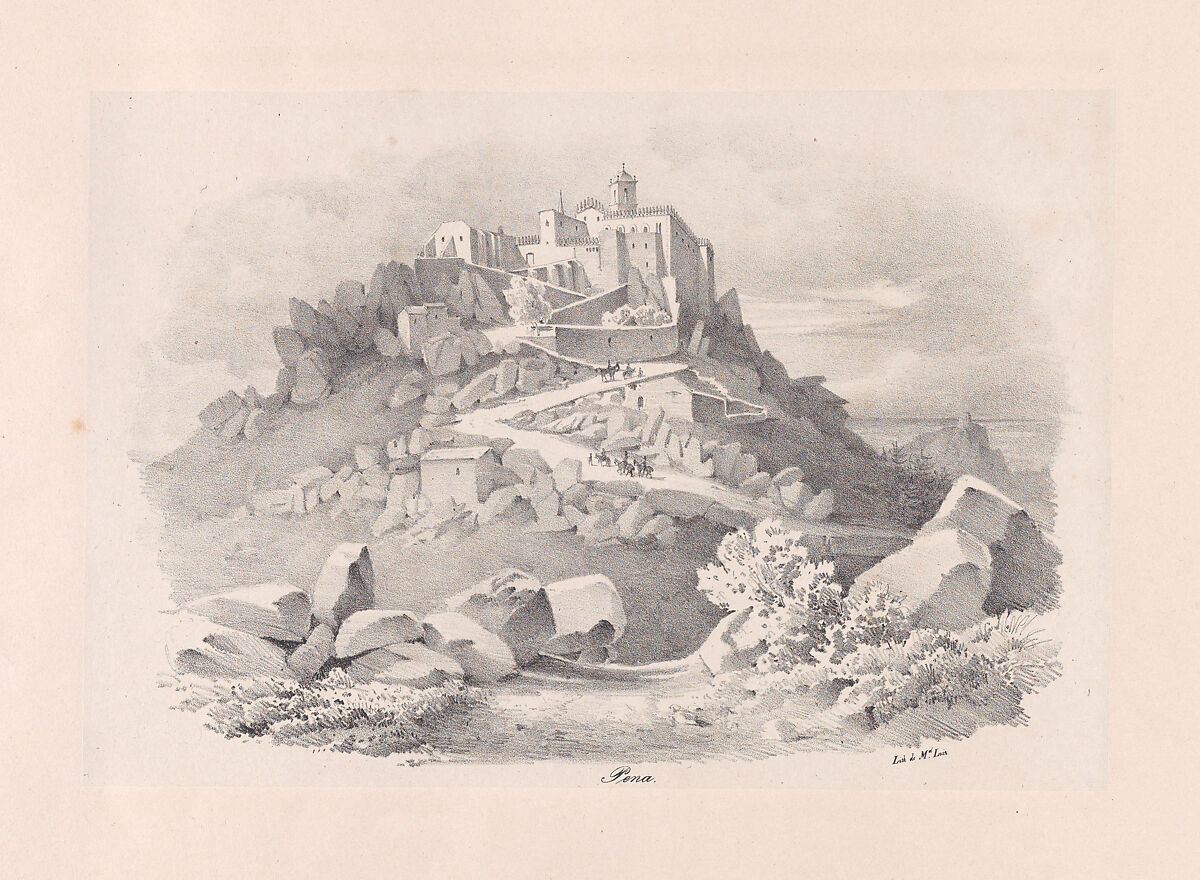 View of the Convento de Pena, the castle of the Moors in the background, Clementine de Brelaz (Portuguese, 1811–1892), Lithograph on chine collé on a larger support sheet 