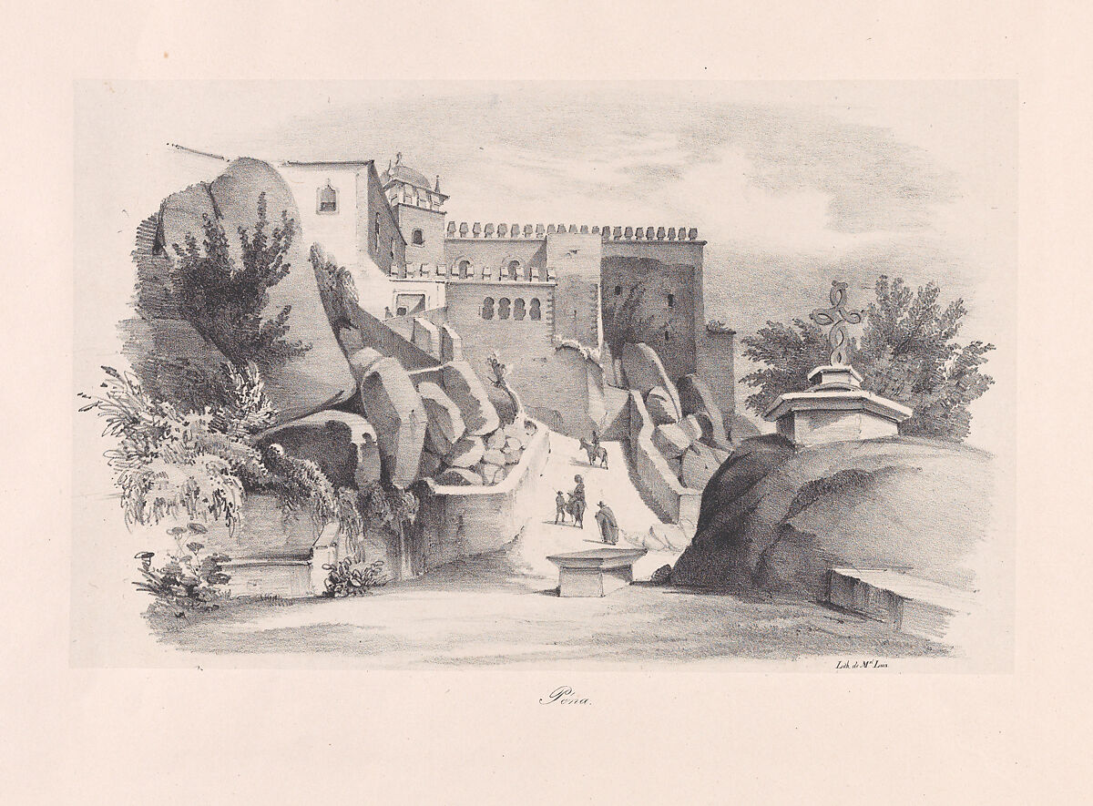 Close up view of the Castle of the Moors near Sintra, Clementine de Brelaz (Portuguese, 1811–1892), Lithograph on chine collé on a larger support sheet 