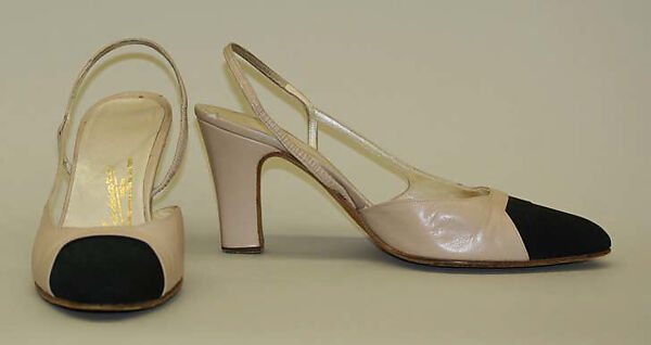 Evening ensemble, (a–c) House of Chanel (French, founded 1910), (a) wool, cotton; (b) gilt metal, rhinestones, faux pearls; (c) silk; (d, e) leather, silk, French