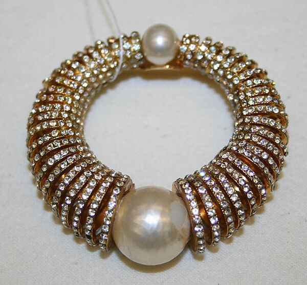 Evening ensemble, (a–c) House of Chanel (French, founded 1910), (a) wool, cotton; (b) gilt metal, rhinestones, faux pearls; (c) silk; (d, e) leather, silk, French