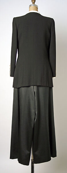 Evening ensemble, (a–c) House of Chanel (French, founded 1910), (a) wool, cotton; (b) gilt metal, rhinestones, faux pearls; (c) silk; (d, e) leather, silk, French