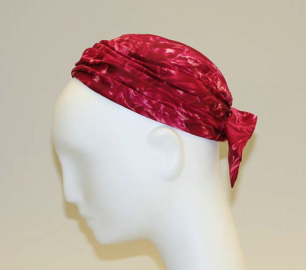 "Red Dahlia", House of Dior (French, founded 1946), (a–d) silk; (e) straw, French