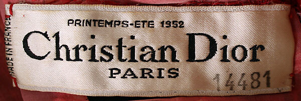 "Red Dahlia", House of Dior (French, founded 1946), (a–d) silk; (e) straw, French