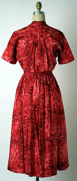 "Red Dahlia", House of Dior (French, founded 1946), (a–d) silk; (e) straw, French