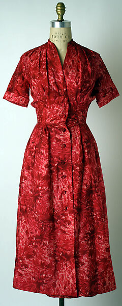 "Red Dahlia", House of Dior (French, founded 1946), (a–d) silk; (e) straw, French 