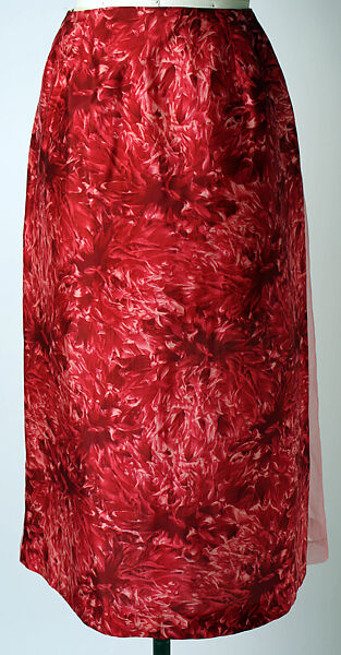 "Red Dahlia", House of Dior (French, founded 1946), (a–d) silk; (e) straw, French