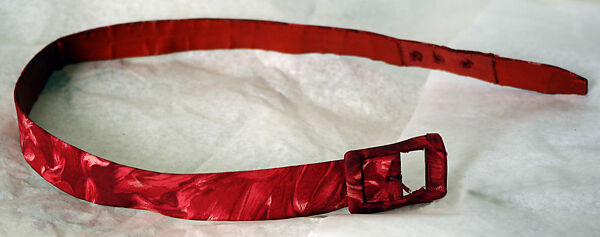 "Red Dahlia", House of Dior (French, founded 1946), (a–d) silk; (e) straw, French