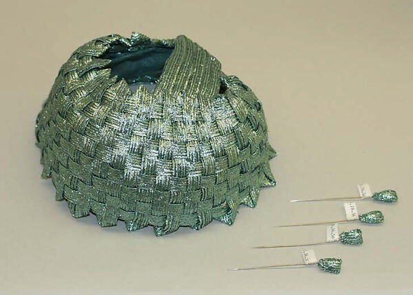 Ensemble, Christian Dior (French, Granville 1905–1957 Montecatini), (a) cotton/rayon/acetate blend
(b) straw
(c–f) metal, French