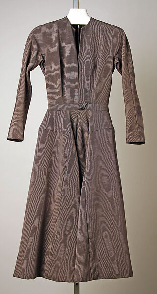 Ensemble, Christian Dior (French, Granville 1905–1957 Montecatini), (a) cotton/rayon/acetate blend
(b) straw
(c–f) metal, French