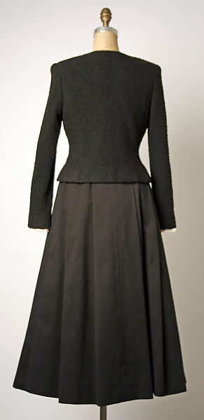 Cocktail ensemble, (a–c) House of Chanel (French, founded 1910), (a) wool, silk; (b) cotton; (c) synthetic fiber, silk; (d, e) silk, leather, French