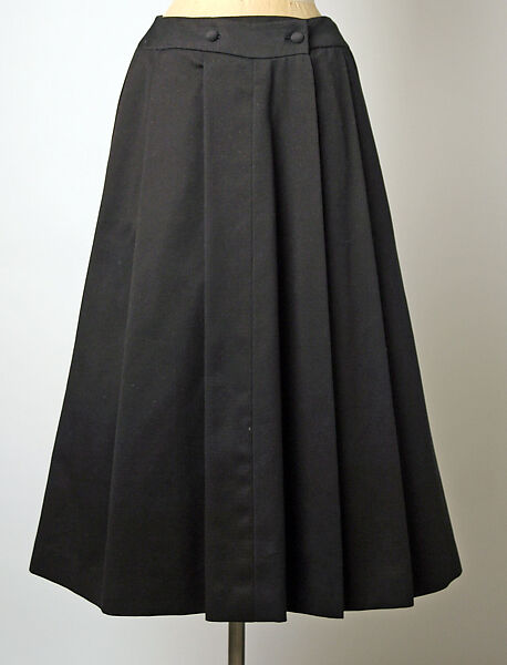 Cocktail ensemble, (a–c) House of Chanel (French, founded 1910), (a) wool, silk; (b) cotton; (c) synthetic fiber, silk; (d, e) silk, leather, French