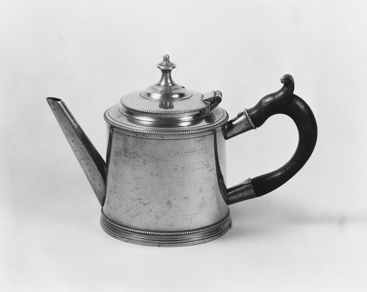 Teapot, William Will (1742–1798), Pewter, wood, American 
