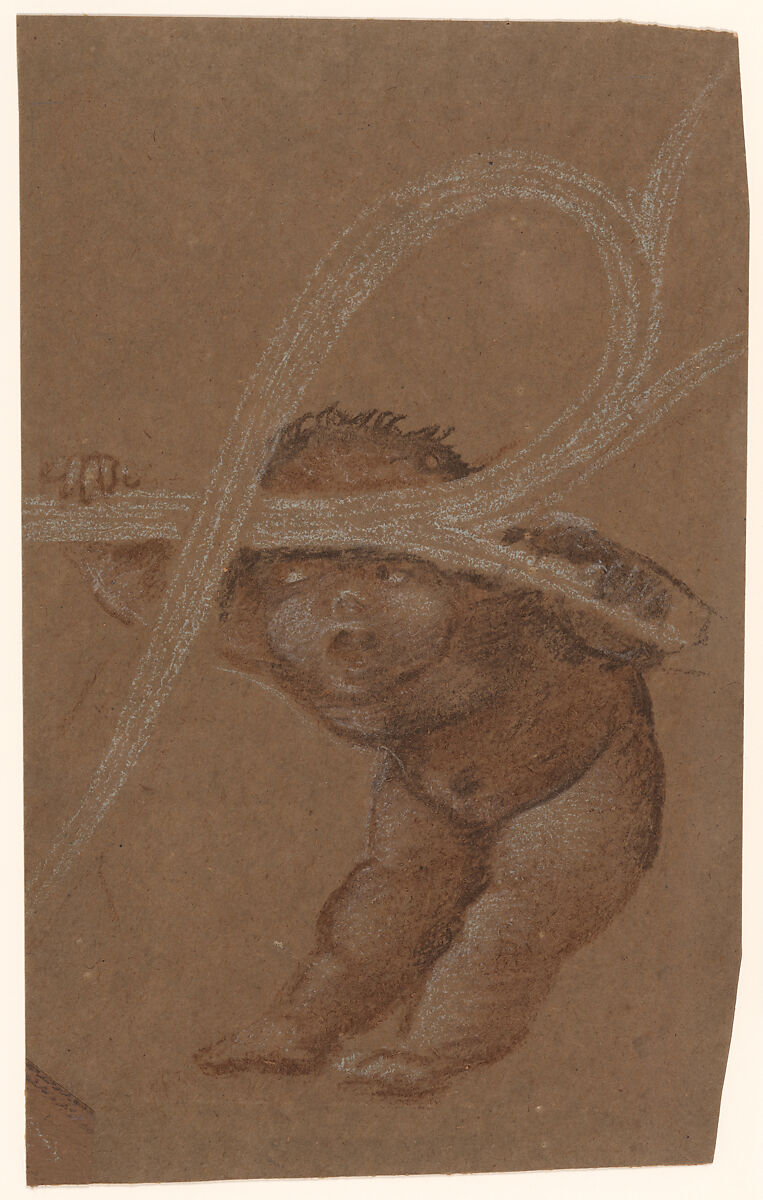Putto Study, for the lid of the Graham Family Piano, Sir Edward Burne-Jones (British, Birmingham 1833–1898 Fulham), White and reddish brown synthetic crayons on brown paper 