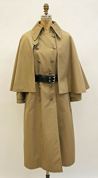 Raincoat, Anne Klein  American, cotton, leather, wool<br/>d) leather<br/>e) wool, American