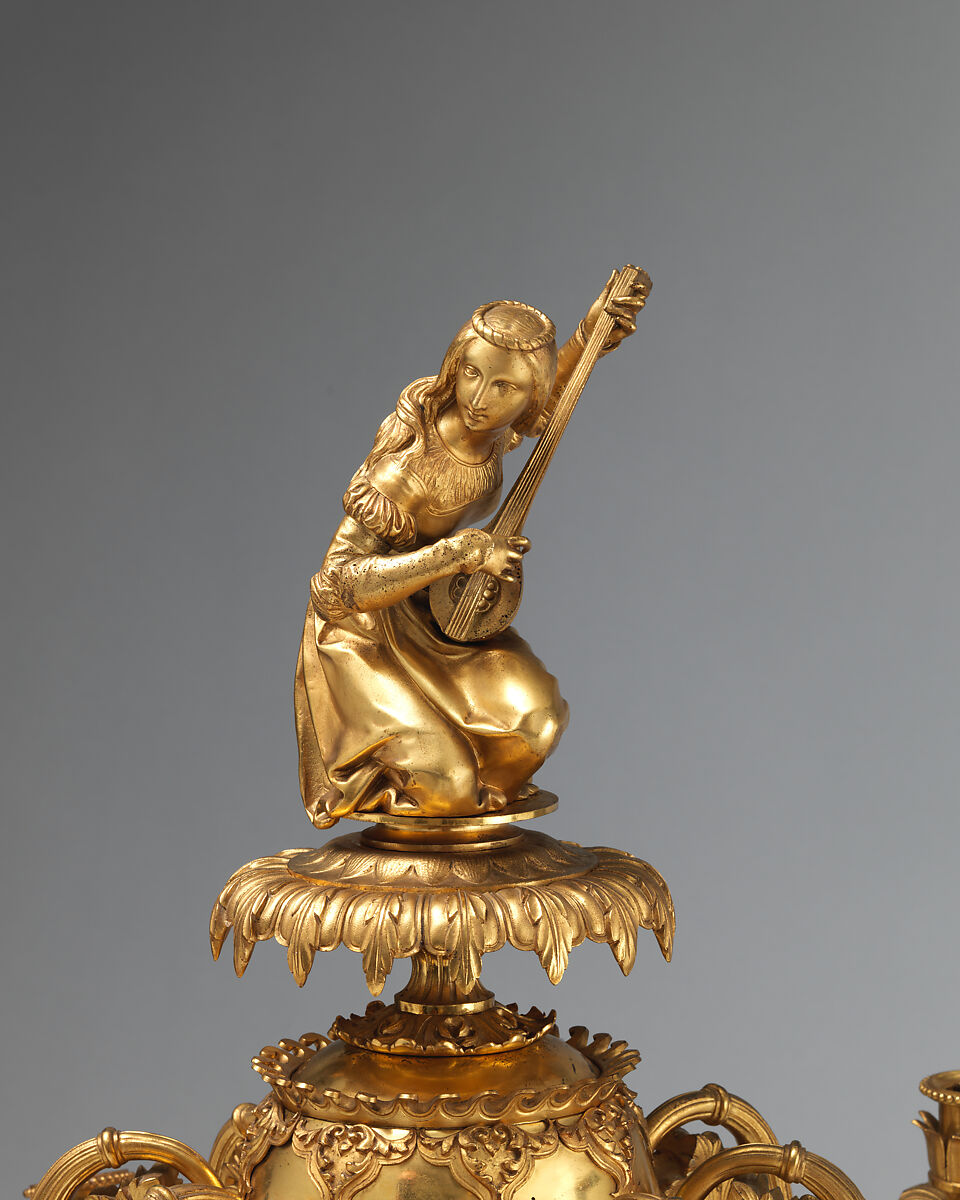 Candelabrum with woman playing guitar (one of a pair), Aimé Chenavard (French, Lyons 1798–1838 Paris), Gilt bronze; rock crystal, carnelian, French, Paris