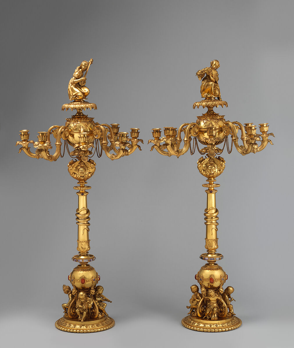 Candelabrum with woman playing guitar (one of a pair), Aimé Chenavard (French, Lyons 1798–1838 Paris), Gilt bronze; rock crystal, carnelian, French, Paris