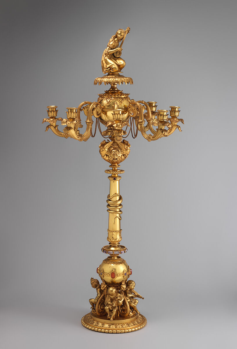 Candelabrum with woman playing guitar (one of a pair), Aimé Chenavard (French, 1798–1838), Gilt bronze; rock crystal, carnelian, French, Paris 