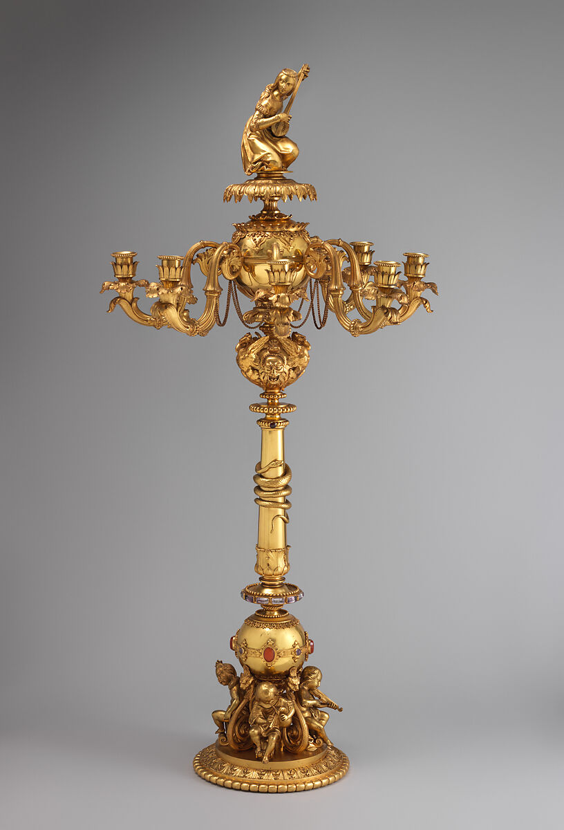 Candelabrum with woman playing guitar (one of a pair), Aimé Chenavard (French, Lyons 1798–1838 Paris), Gilt bronze; rock crystal, carnelian, French, Paris 