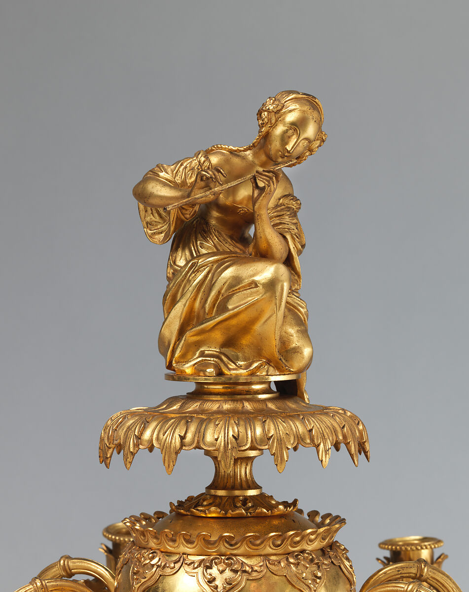 Candelabrum with woman playing flute (one of a pair), Aimé Chenavard (French, Lyons 1798–1838 Paris), Gilt bronze; rock crystal, carnelian, French, Paris