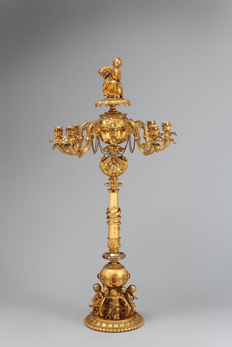 Candelabrum with woman playing flute (one of a pair), Aimé Chenavard (French, Lyons 1798–1838 Paris), Gilt bronze; rock crystal, carnelian, French, Paris 